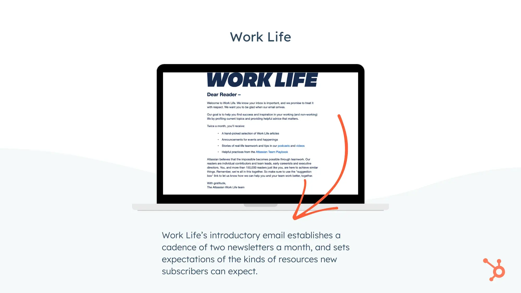 Screencap of Work Lifes introductory email. Work Lifes introductory email establishes a cadence of two newsletters a month, and sets expectations of the kinds of resources new subscribers can expect.
