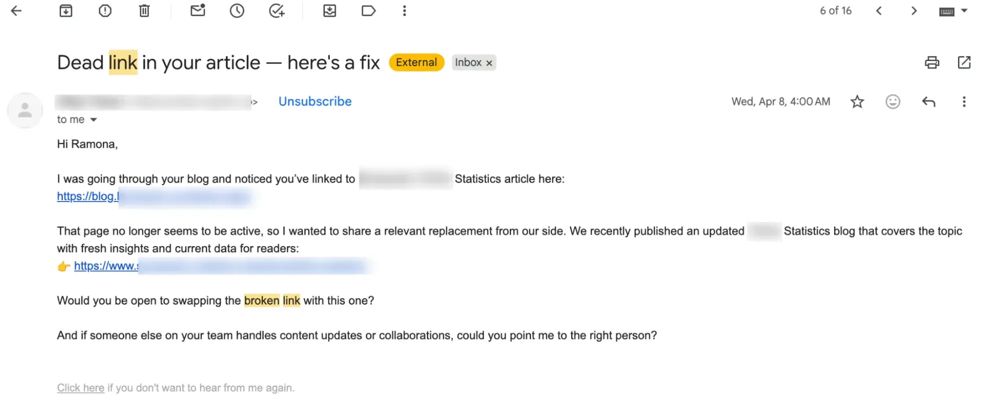 off-page seo; example of a “broken link” outreach email