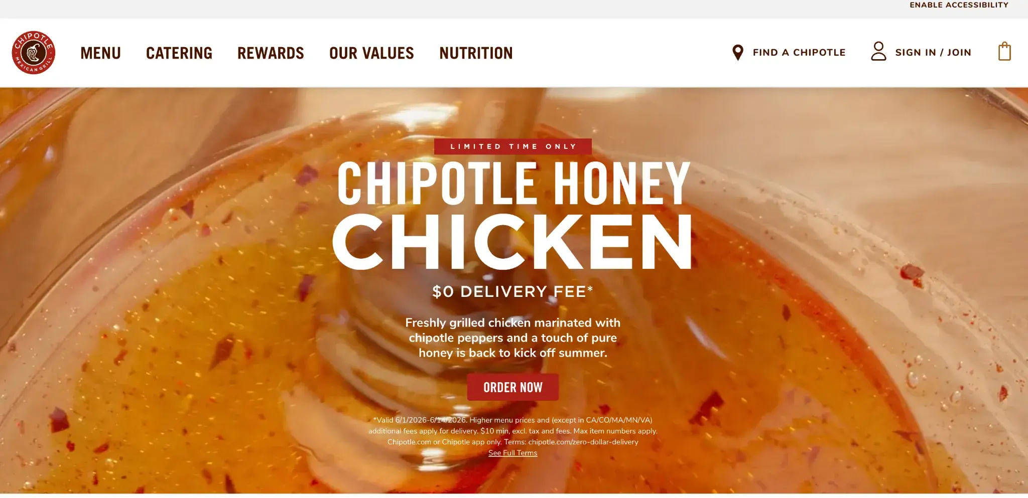 Chipotle website homepage with limited-time offer for honey chicken, navigation menu, and order now call-to-action button
