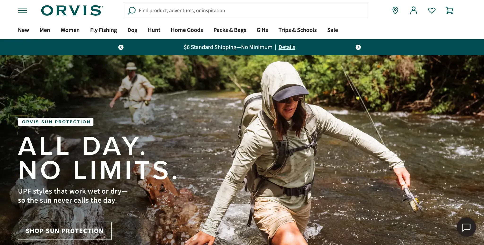 Orvis sporting goods website featured woman fly fishing in water watering sun protection gear with shop button and navigation menu