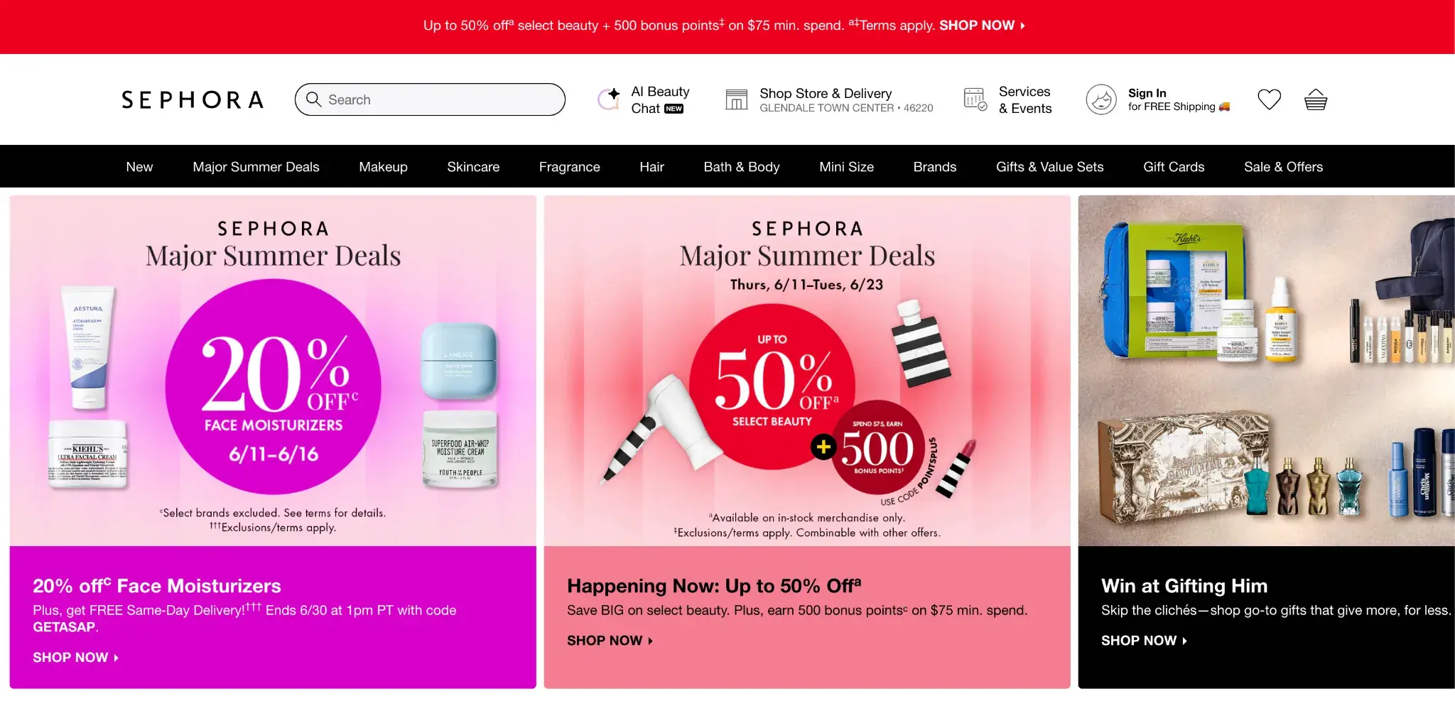 Sephora website displaying beauty deals section with face moisturizers, select beauty discounts, and gift sets across multiple product cards