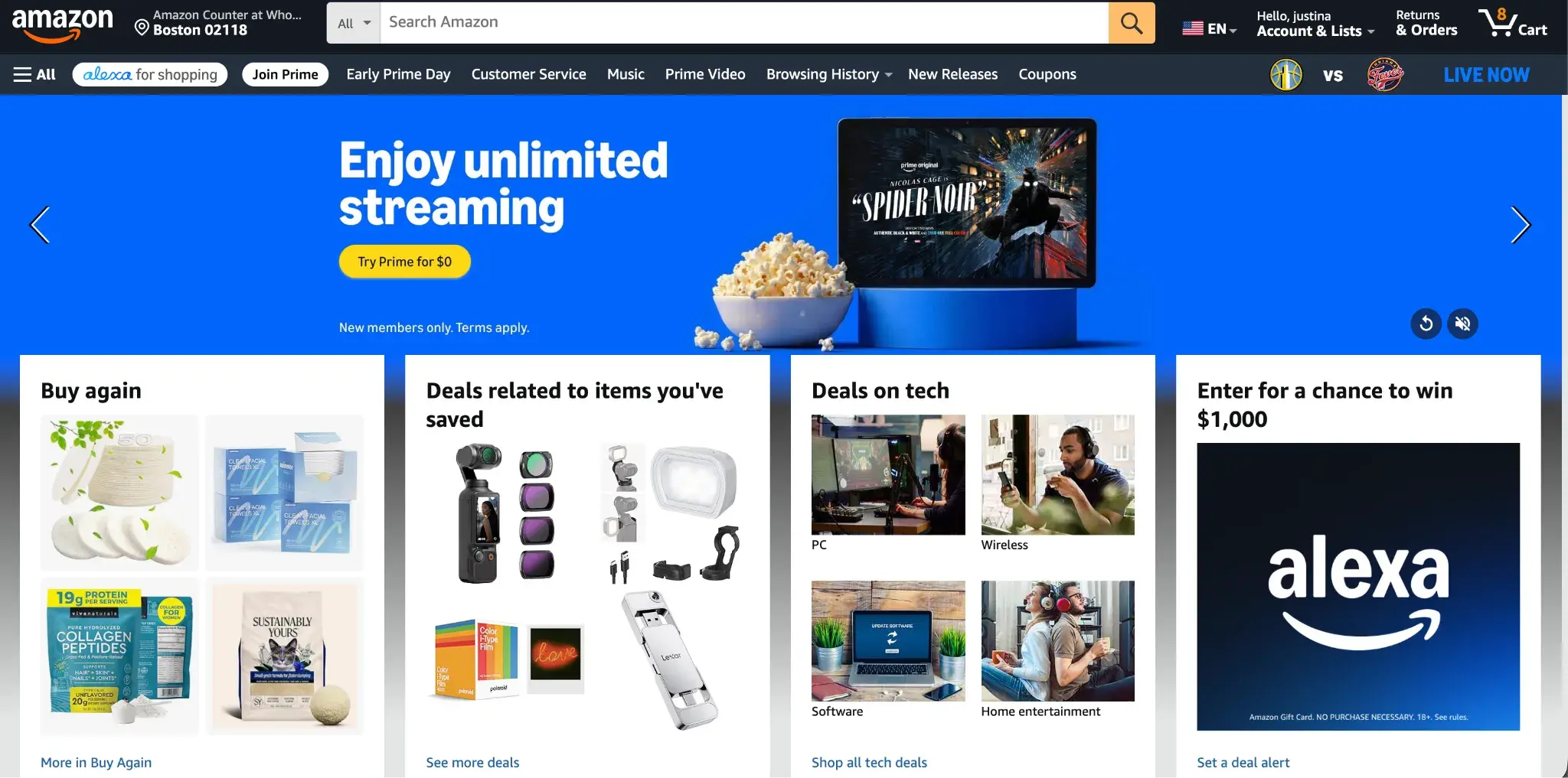 Amazon homepage showing Prime streaming promotion, buy again section, personalized product deals, and tech category recommendations
