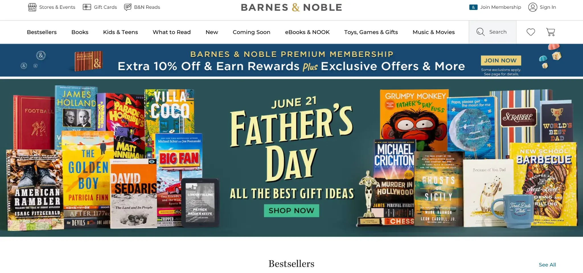 Barnes & Noble homepage showing a Father’s Day promotion, a rewards offer, and several exploration tabs for books