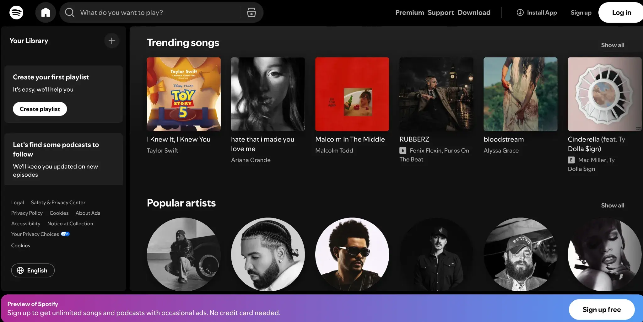 Spotify homepage showing different artists and albums, including Rihanna, Post Malone, Drake, and The Weekend