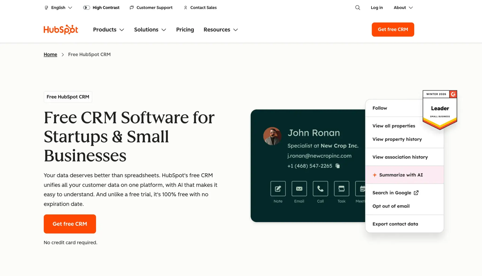 a HubSpot landing page showing a CTA for its free CRM software