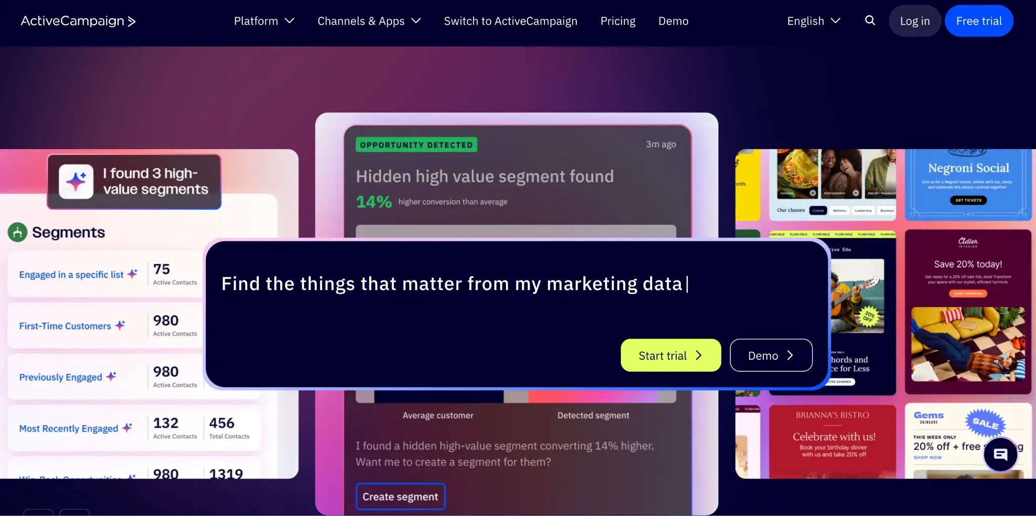 an ActiveCampaign landing page showing a CTA to start a free trial
