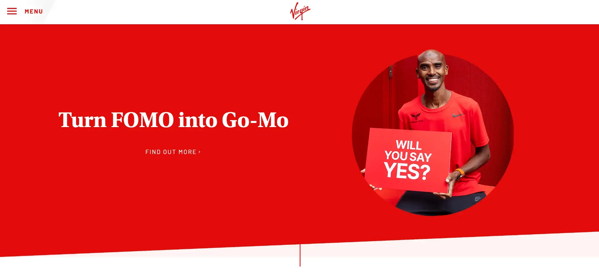 Virgin Atlantic campaign banner with man in red shirt holding sign saying ‘Will you say yes’ promoting omnichannel engagement