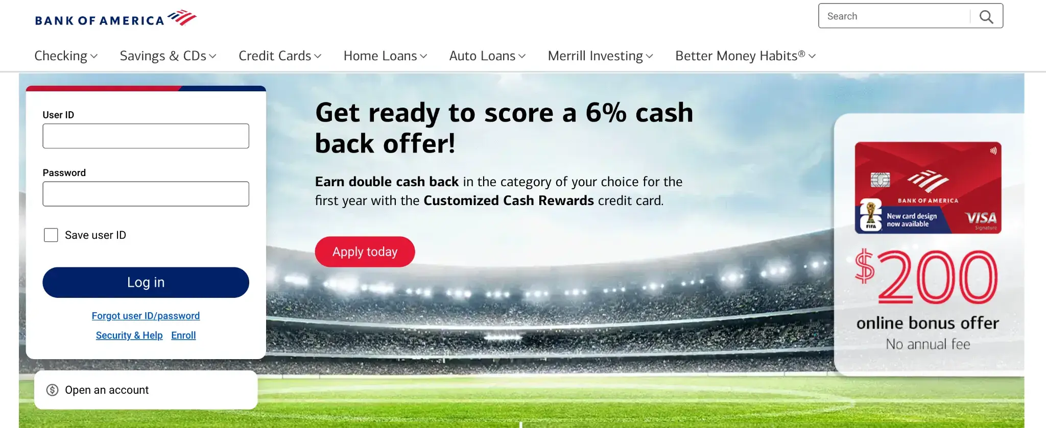 Bank of America website homepage showing login form, credit card offer, and cash back promotion across desktop interface