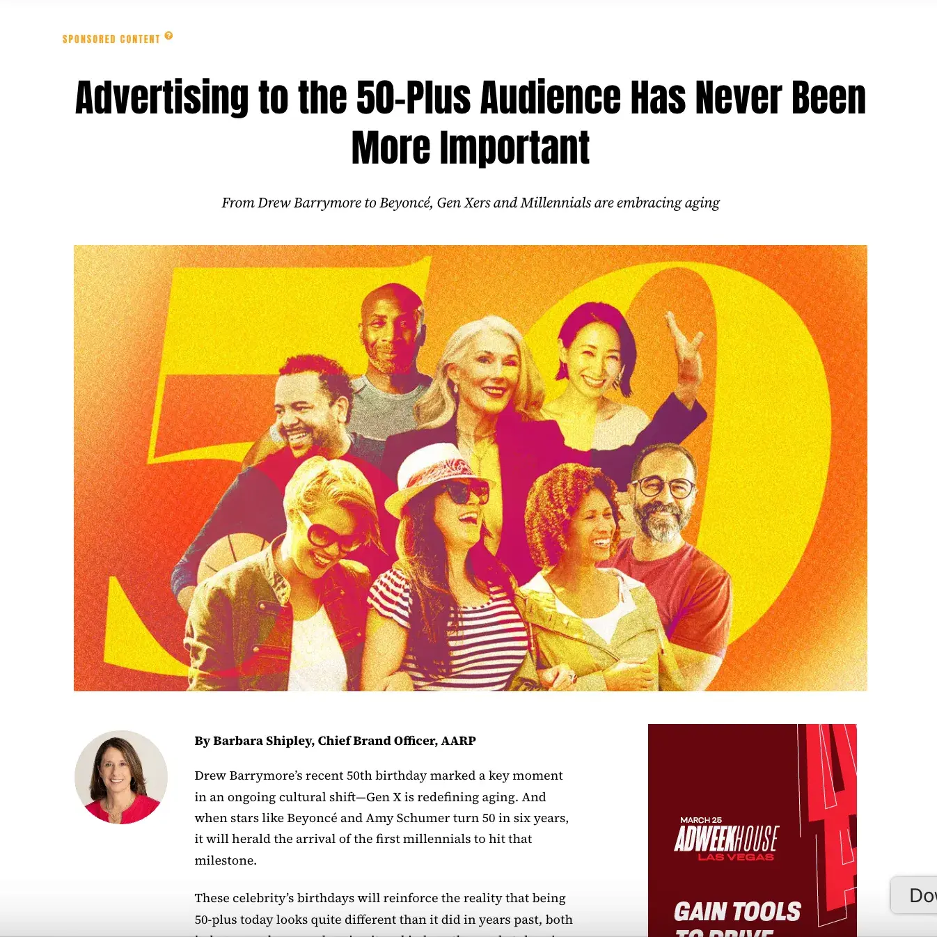 screenshot of sponsored content on adweek.com. advertising to the 50-plus audience has never been more important by barbara shipley, chief brand officer, aarp.