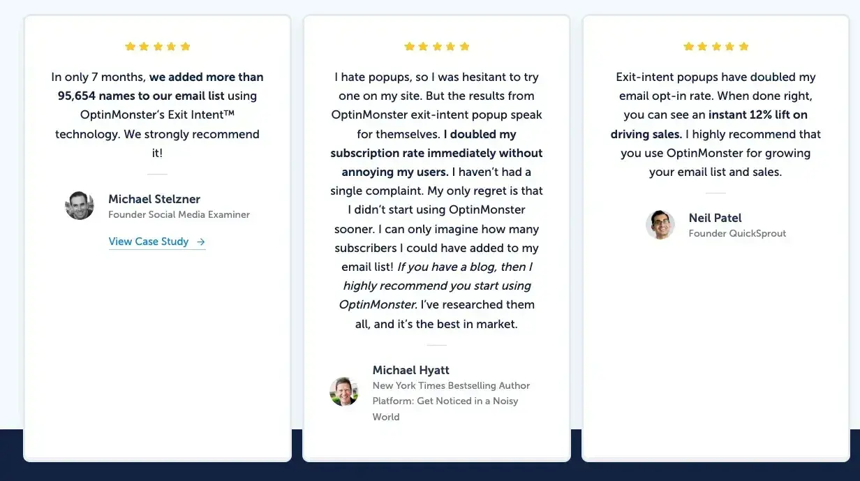 optinmonsters case study, testimonial page examples