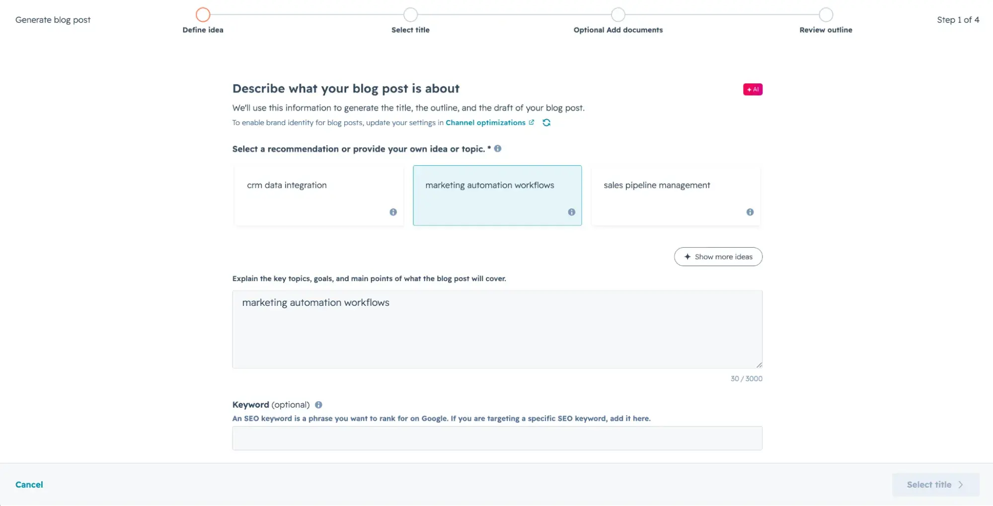 a screenshot of hubspot’s AI Content Writer