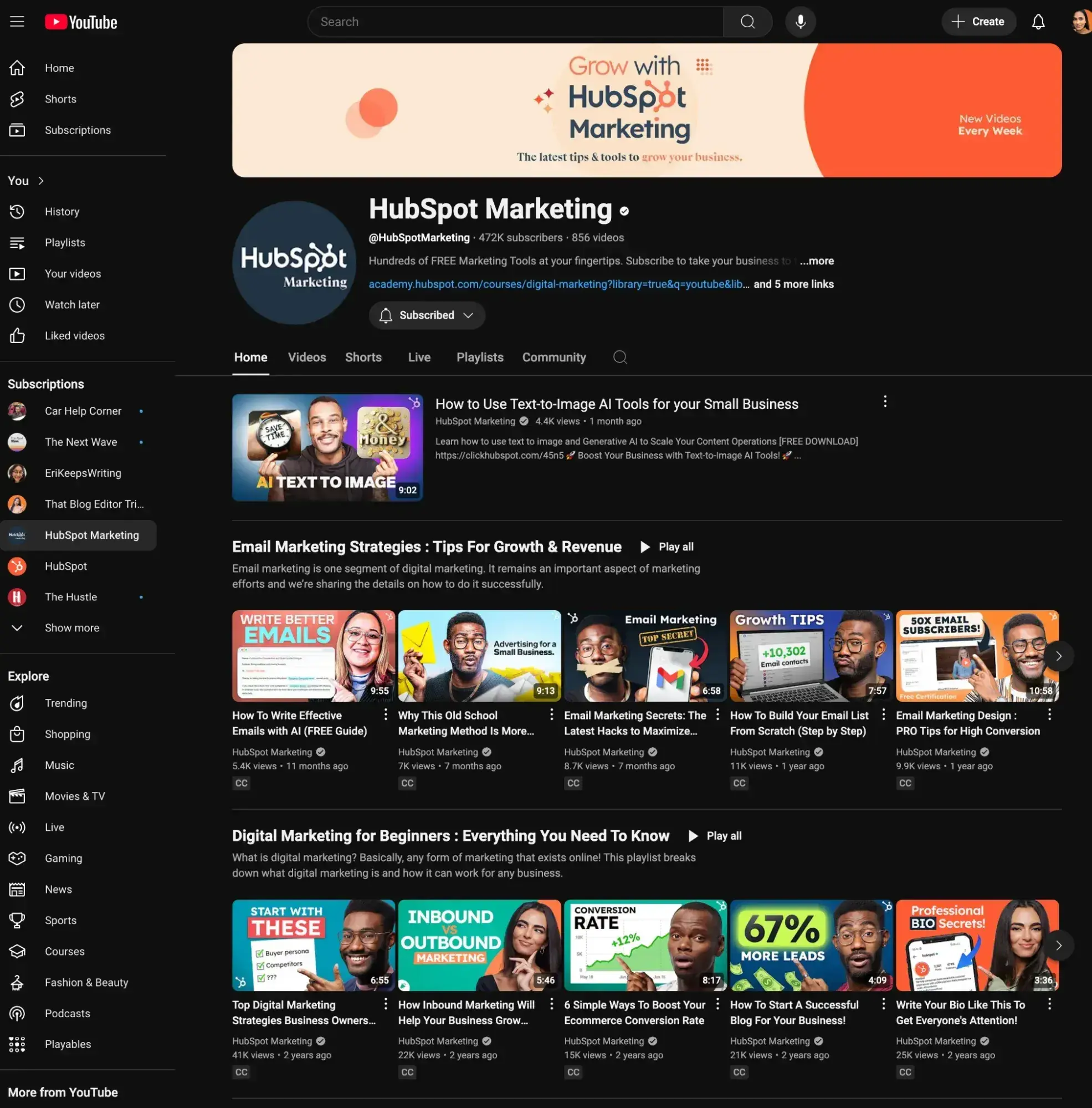  organic marketing example of hubspot’s youtube channel