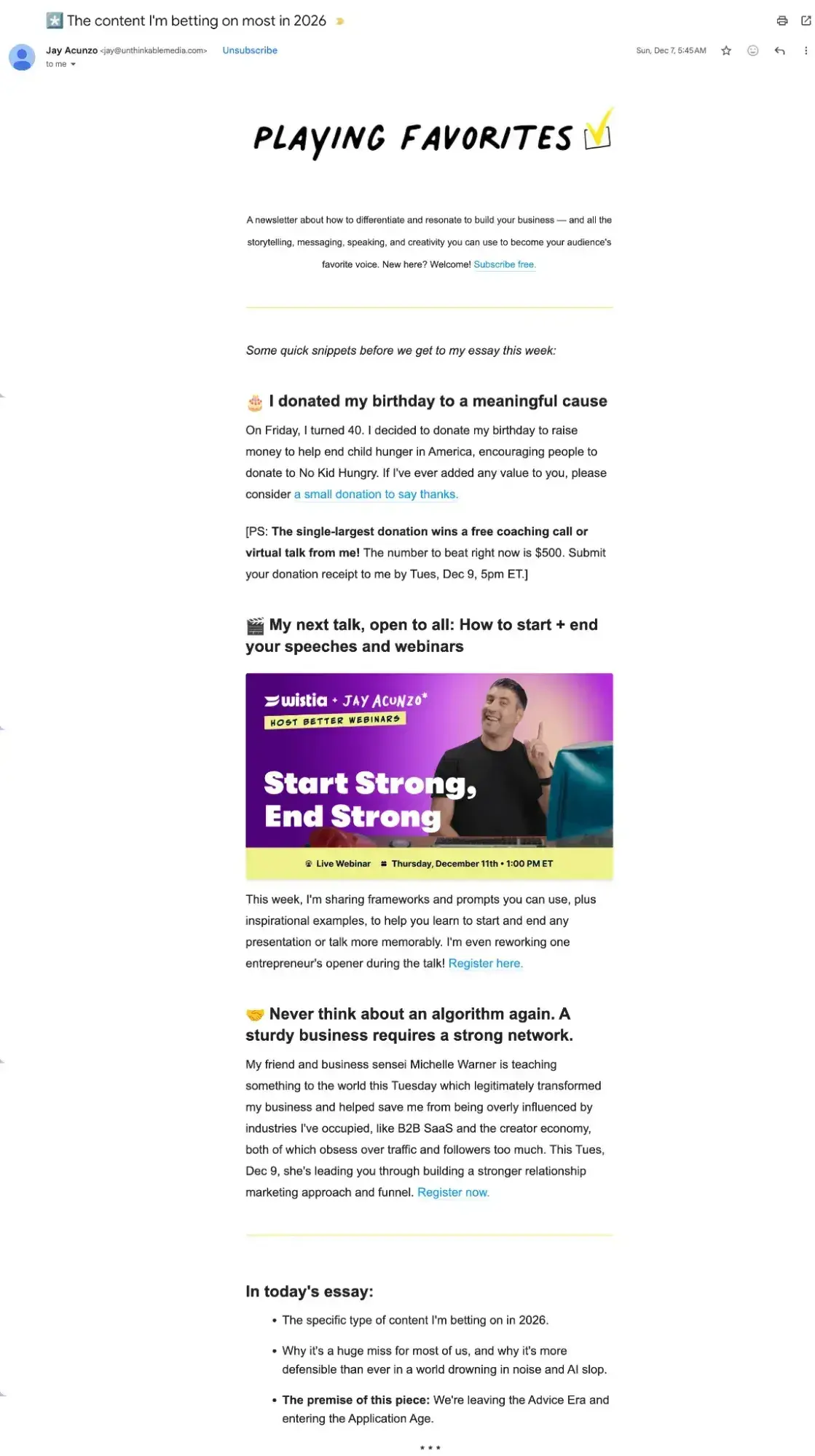 organic marketing from jay acunzo’s newsletter, playing favorites, showcasing the efficacy of organic marketing