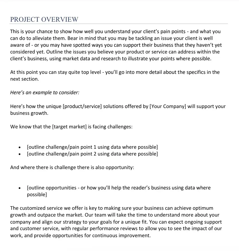 Screenshot of investment proposal example with overview section