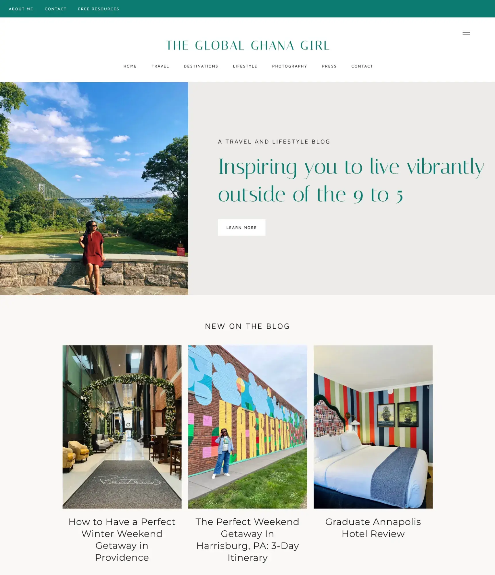 another hero section with three column website layout from the global ghana girl