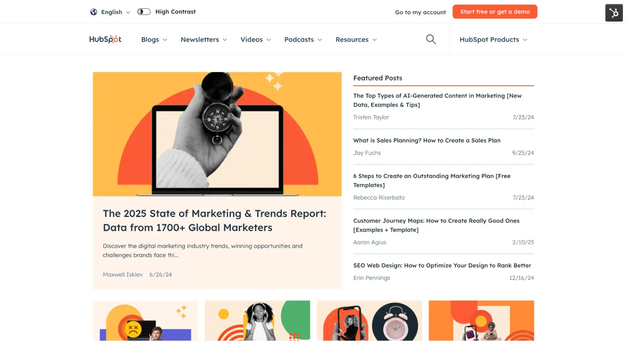 screenshot of the hubspot blog layout, which is a blog listing page