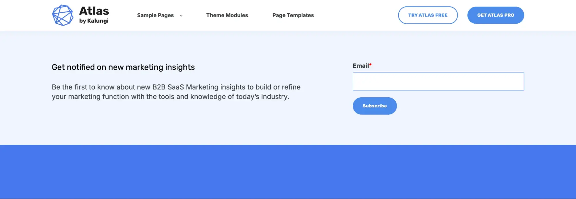 atlas free theme website layout with subscription form on the bottom of the page
