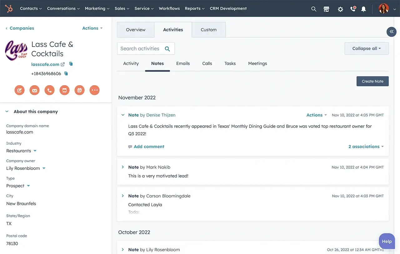 hubspot contact management software showing notes on contact recordhttps://www.hubspot.com/products/crm/contact-management