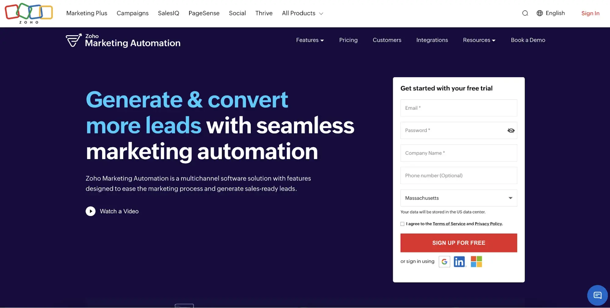 zoho marketing automation homepage featuring lead generation and campaign automation signup form