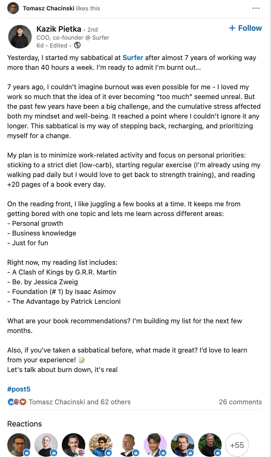 partnership business; a post from kazik pietka, surfers founder announcing a sabbatical
