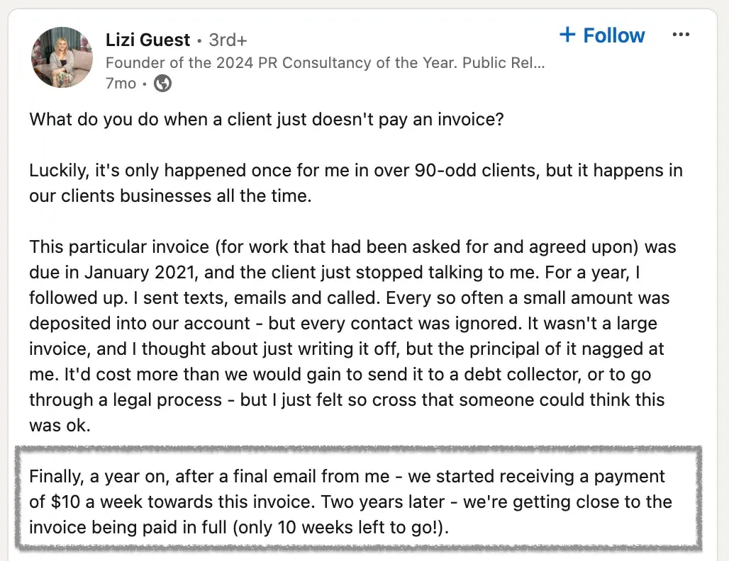 Lizis LinkedIn post about payment