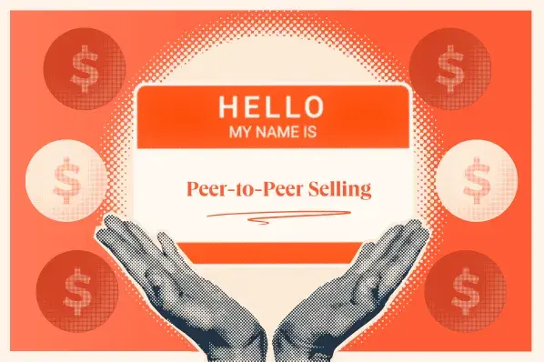  a Canva-made graphic with a hello my name is sticker front and center that says hello my name is peer-to-peer selling 