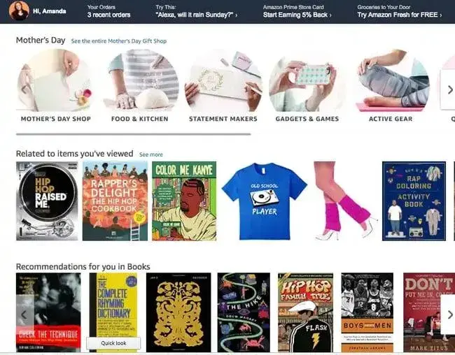 Amazon homepage displaying personalized greetings and product recommendations in personalization marketing examples