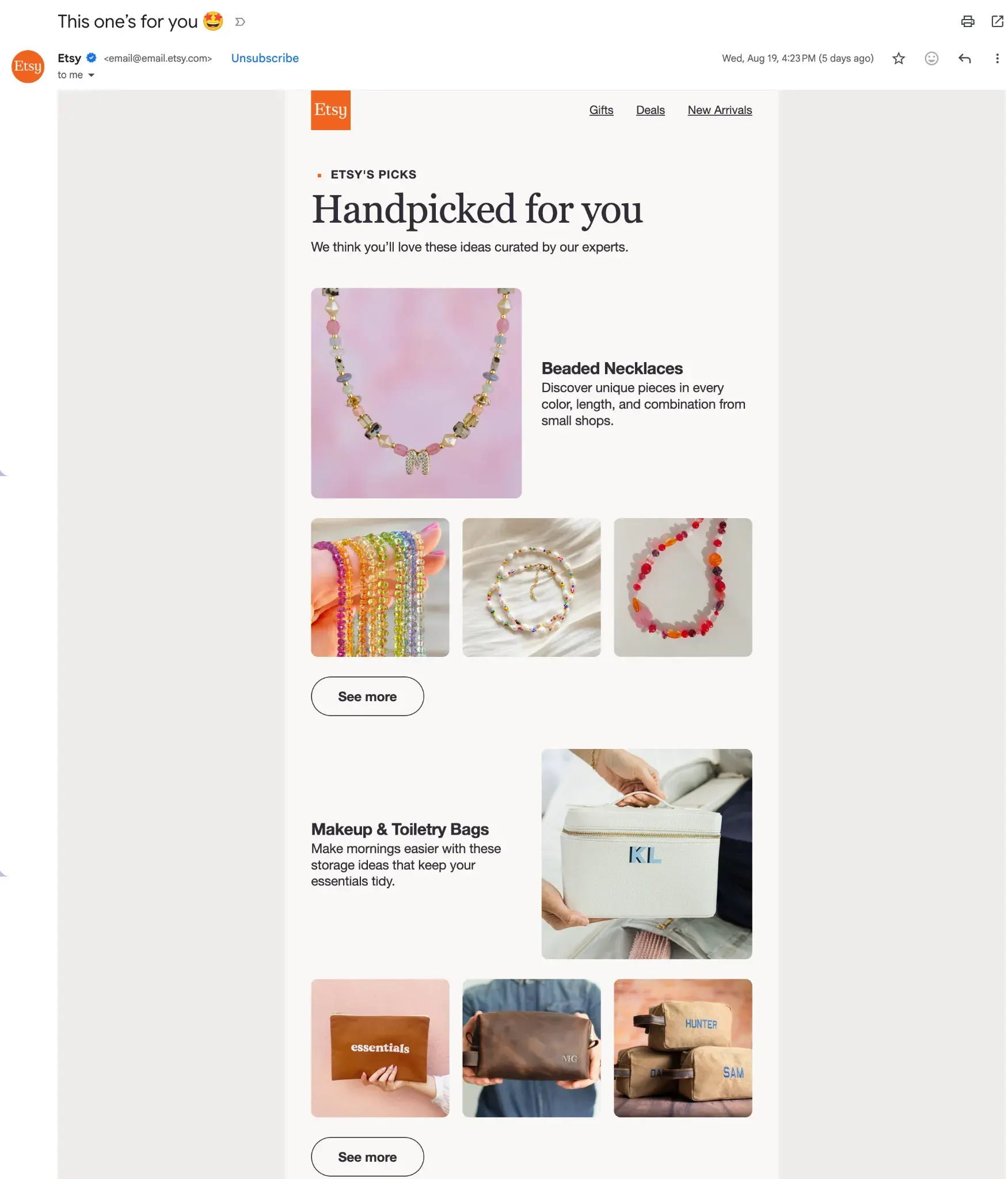 Etsy email showing handpicked personalization marketing examples, including beaded necklaces and makeup bags