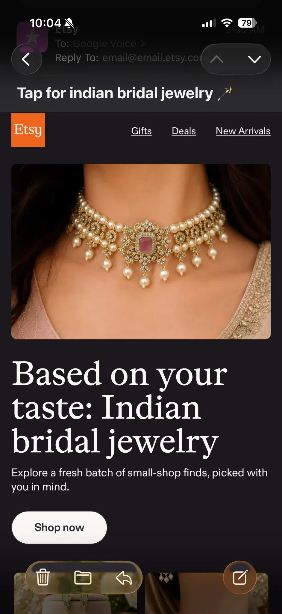 Mobile email from Etsy with personalization marketing examples recommending Indian bridal jewelry based on browsing taste