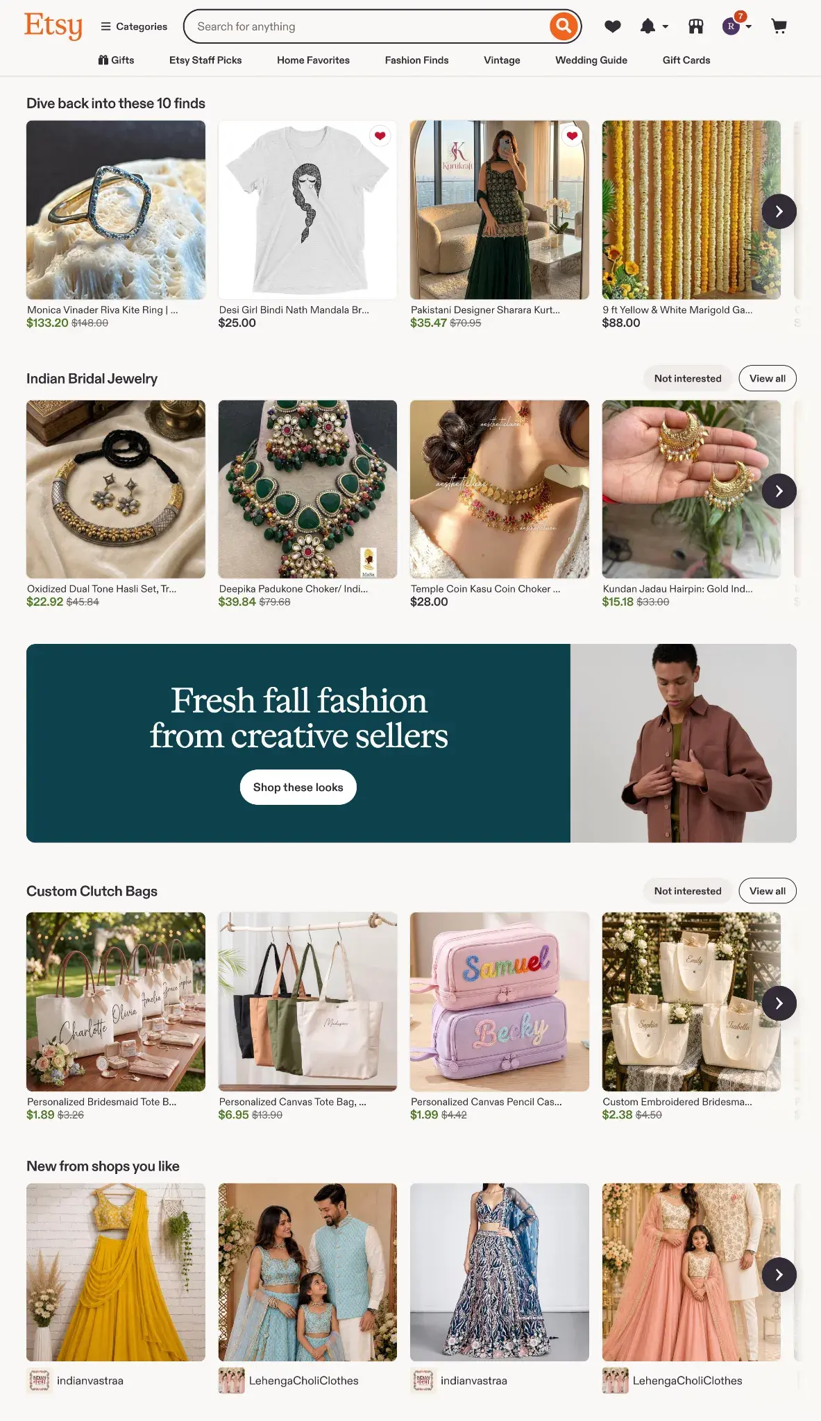 Etsy homepage displaying personalization marketing examples with Indian bridal jewelry and custom clutch bag sections