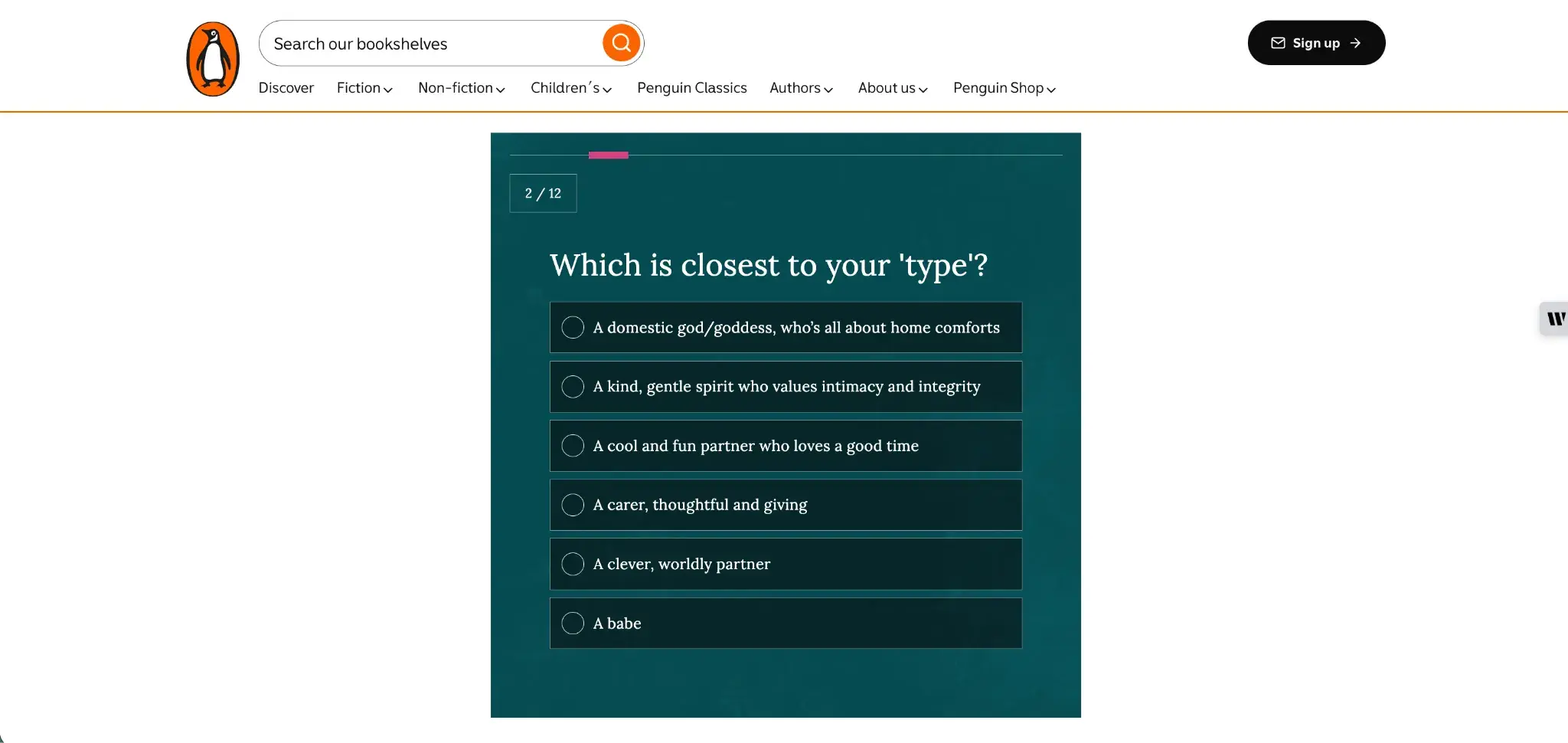 Penguin Books Matchmaker quiz question showing personalization marketing example, asking about user personality type