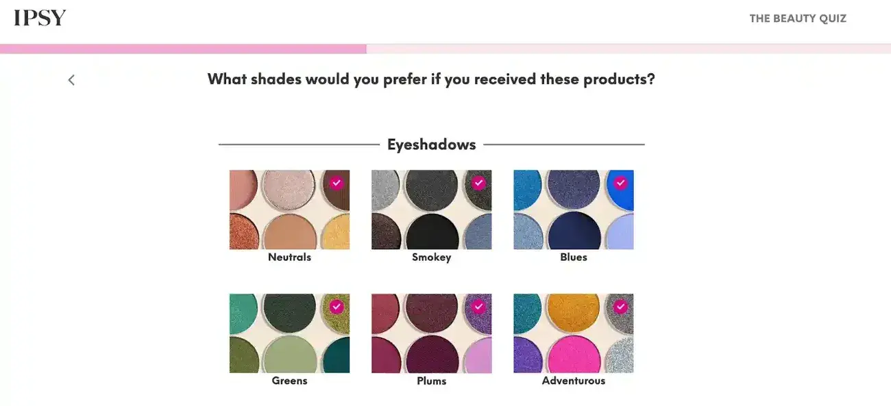Ipsy Beauty Quiz personalization marketing example asking users to select preferred eyeshadow shade preferences