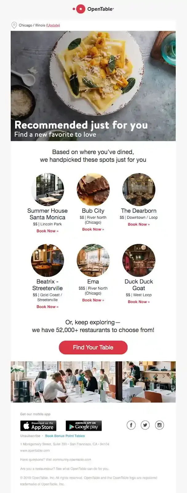 OpenTable personalization marketing example recommending restaurants based on the user's dining history and location