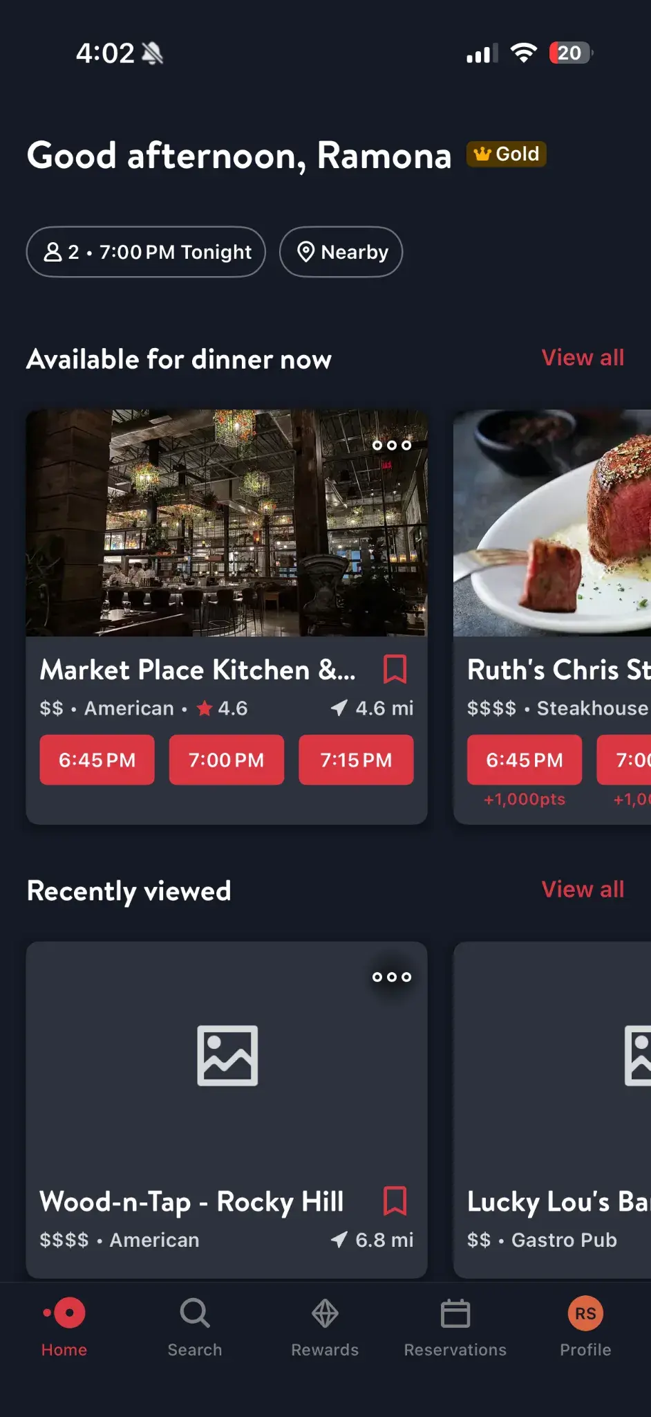 Resy mobile app personalization marketing example greeting user by name with dinner recommendations nearby