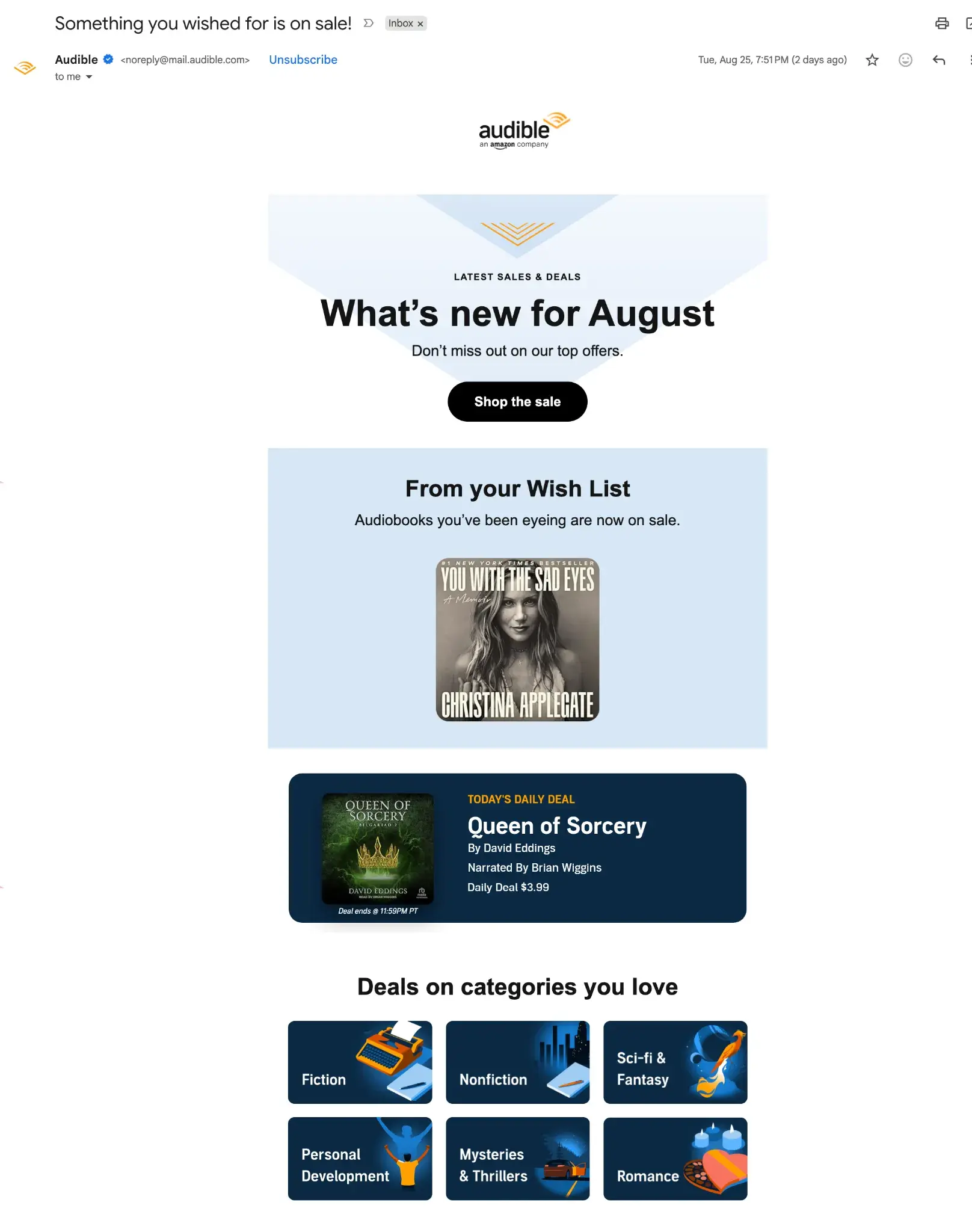 Audible email showing wishlist items on sale, demonstrating personalization marketing examples