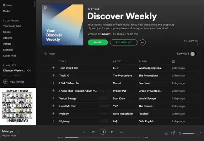 Spotify Discover Weekly playlist interface showing personalization marketing examples with curated songs