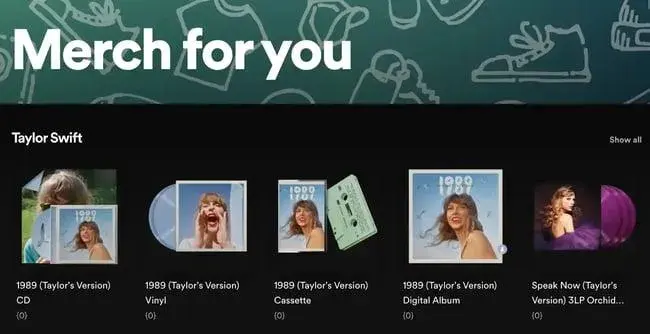 Spotify Merch for You section showing artist merchandise personalization marketing examples