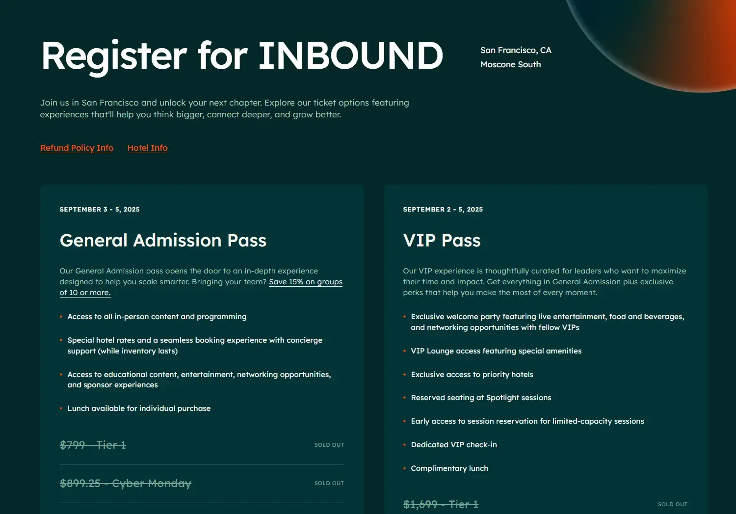 inbound general admission and vip pass page