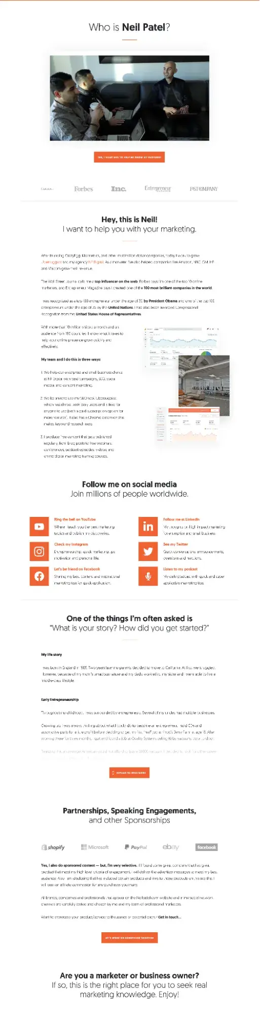 screenshot of a professional bio example on neil patels website