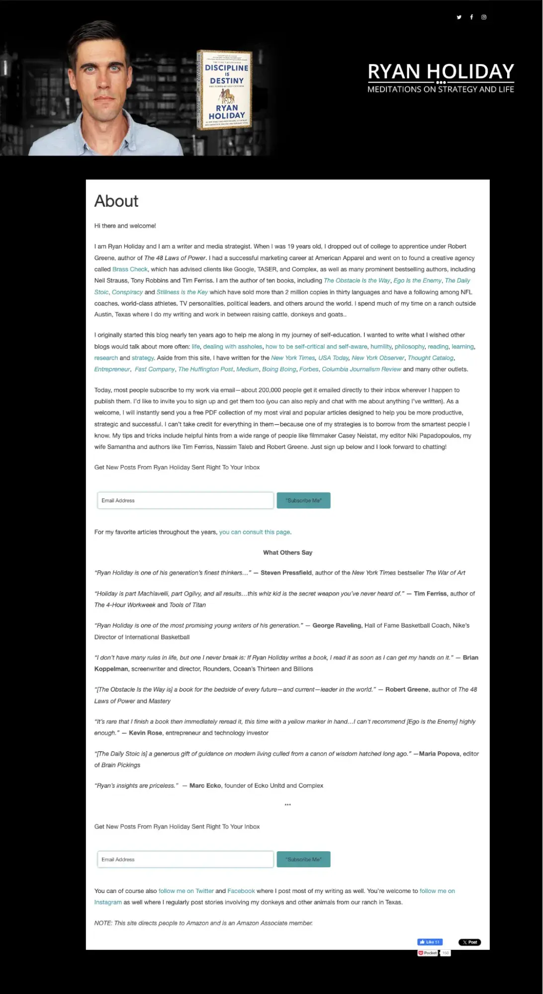 screenshot of a professional bio example on ryan holidays website