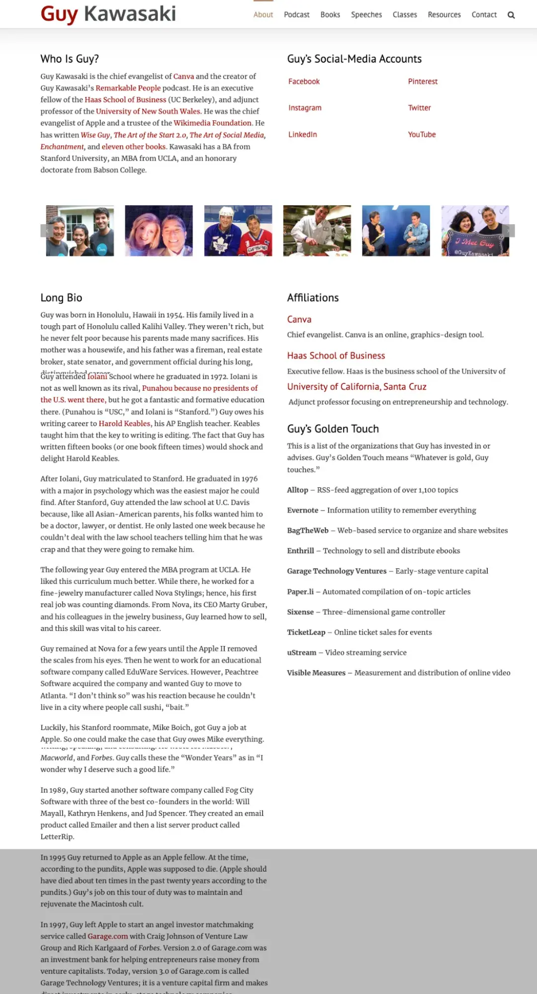 screenshot of a professional bio example on guy kawasakis website