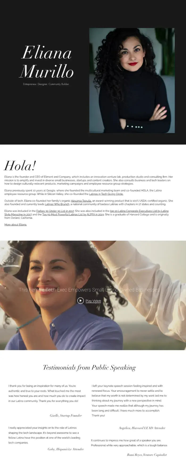 screenshot of a professional bio example on eliana murillos website