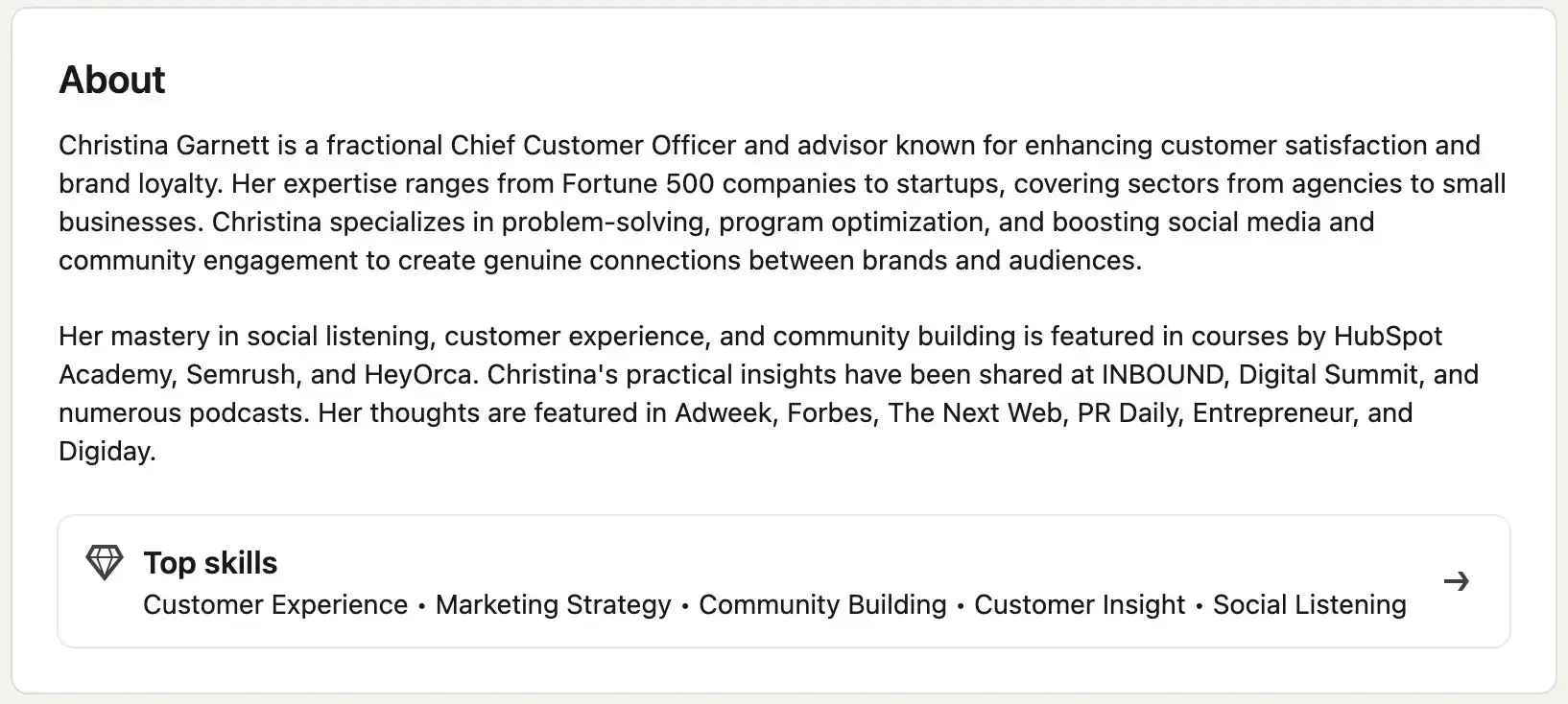 ??professional bio examples, christina garnett, fractional cco and advisor, linkedin bio