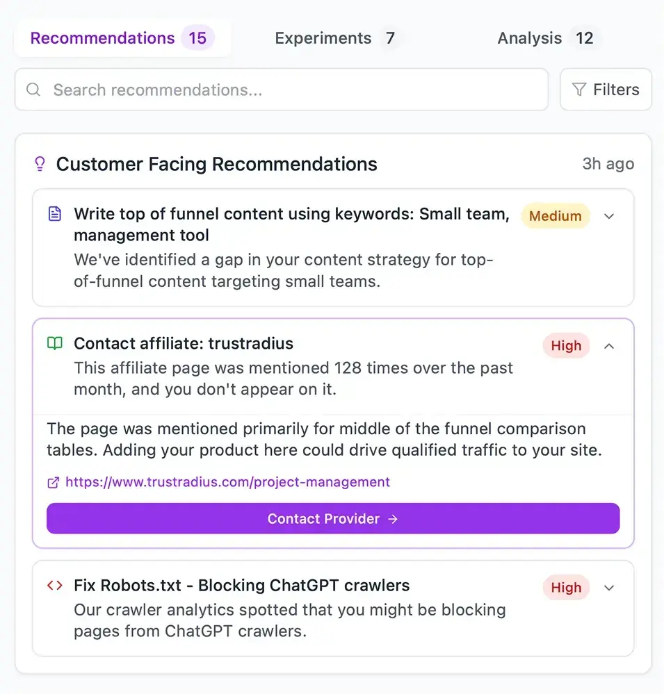 Profound alternatives, Screenshot of Xfunnel, showing how the AEO tool supports marketing strategy with prioritized tasks to improve LLM visibility.