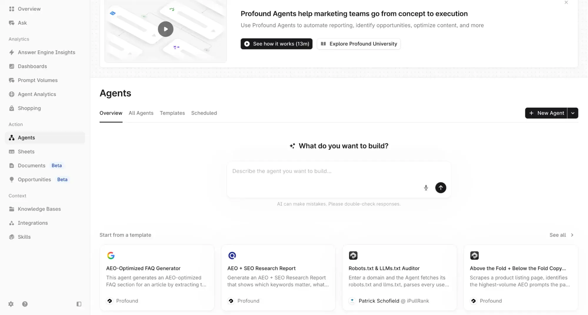 Profound Agents interface showing AI-optimized content creation templates, including FAQ Generator and SEO Research Report