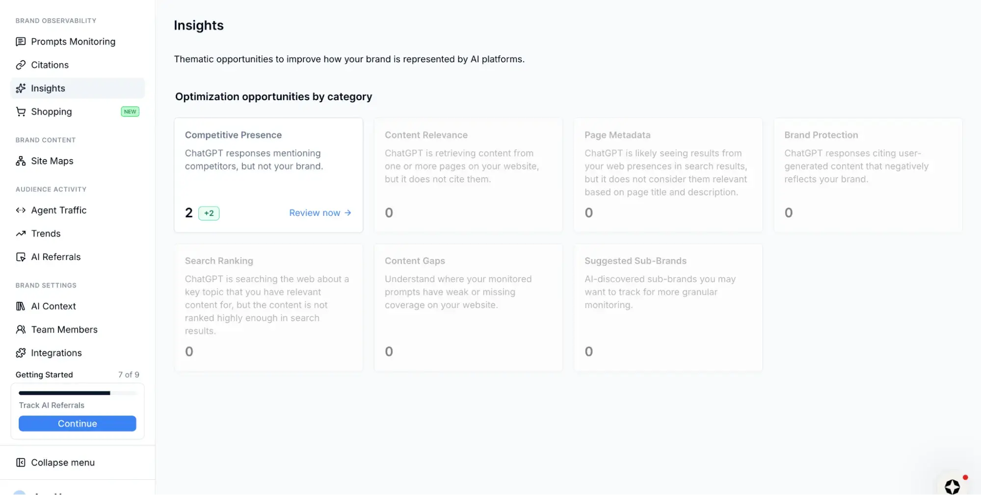 Scrunch Insights dashboard displaying optimization opportunities by category