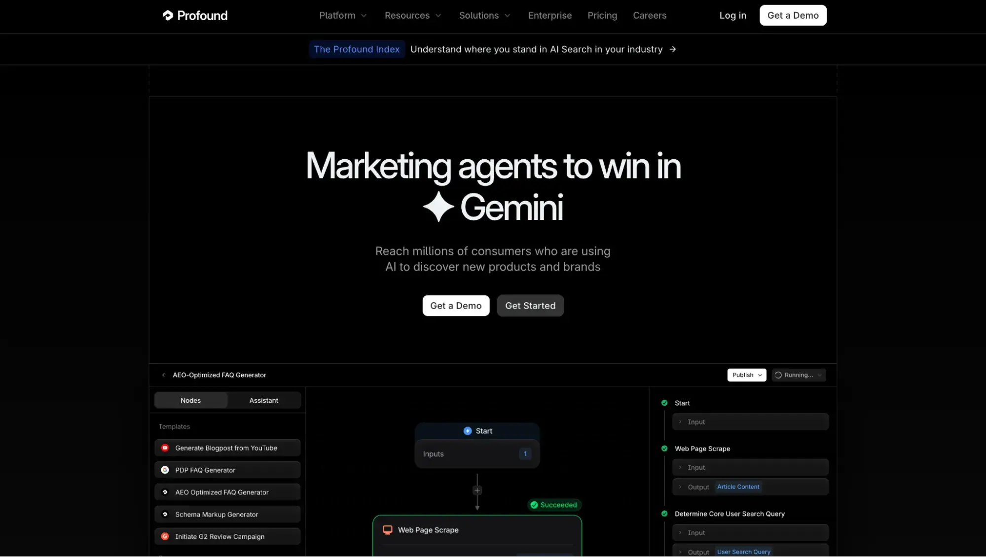 Profound website with headline, ��Marketing agents to win in Gemini��