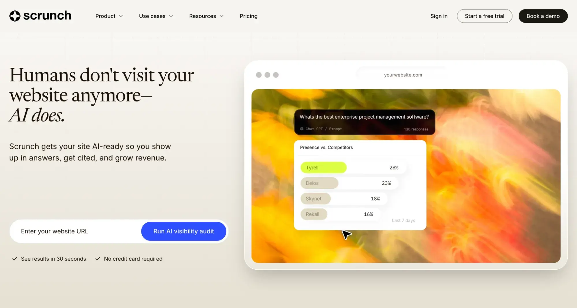 Scrunch homepage with headline, ��Humans don��t visit your website anymore��AI does.��