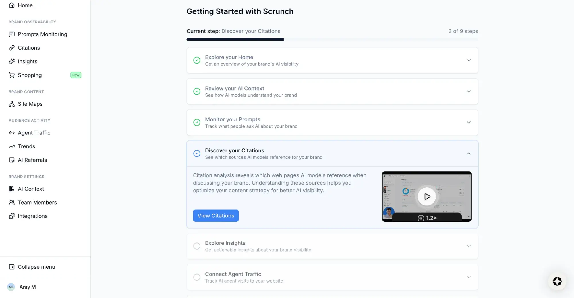 Scrunch onboarding checklist showing Getting Started steps, including citations discovery
