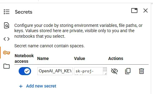 api key for python ai chatbot as stored in google colab